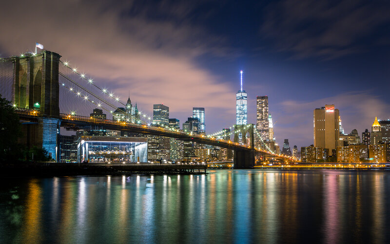 Brooklyn Bridge at Night — Blue, Dramatic, Photograph, Skyscraper, Carousel