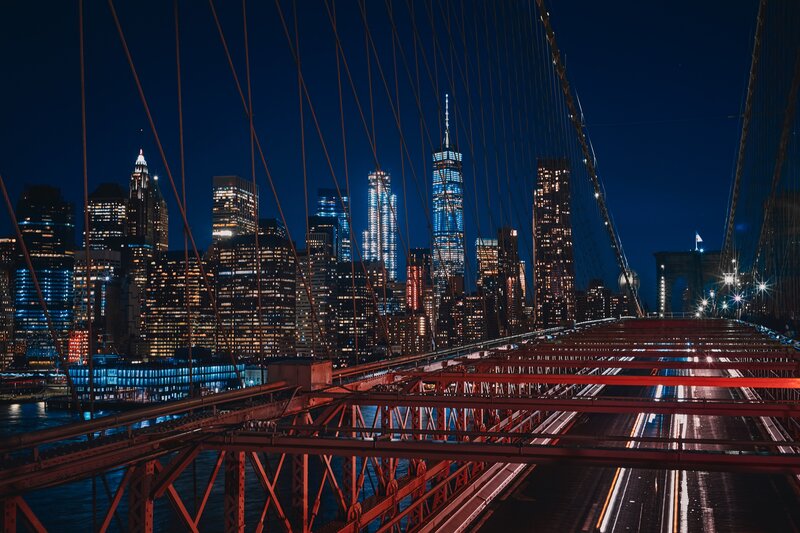 Brooklyn Bridge at Night — Blue, Dramatic, Photograph, Skyscraper, Cityscape