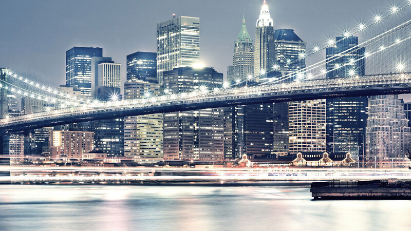 Brooklyn Bridge at Night — Blue, Dramatic, Photograph, Skyscraper, River, Cityscape