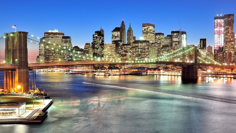 Brooklyn Bridge at Night — Blue, Dramatic, Photograph, Skyscraper, River