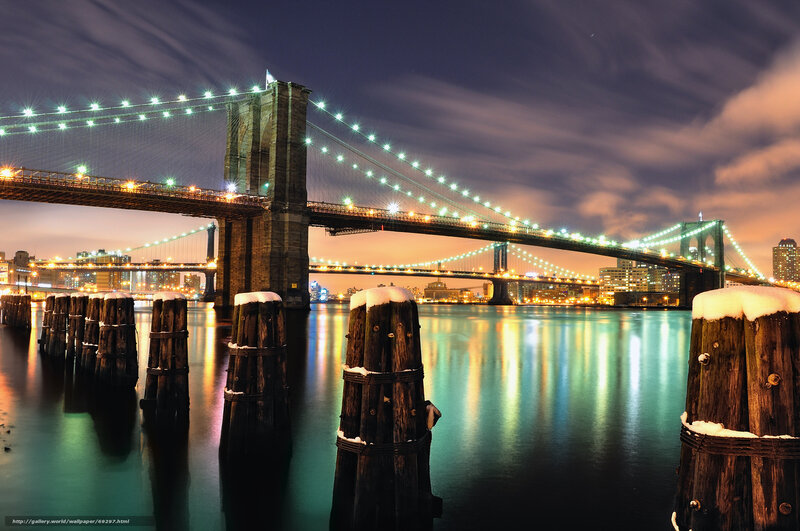 Brooklyn Bridge at Night — Blue, Dramatic, Photograph, Snow
