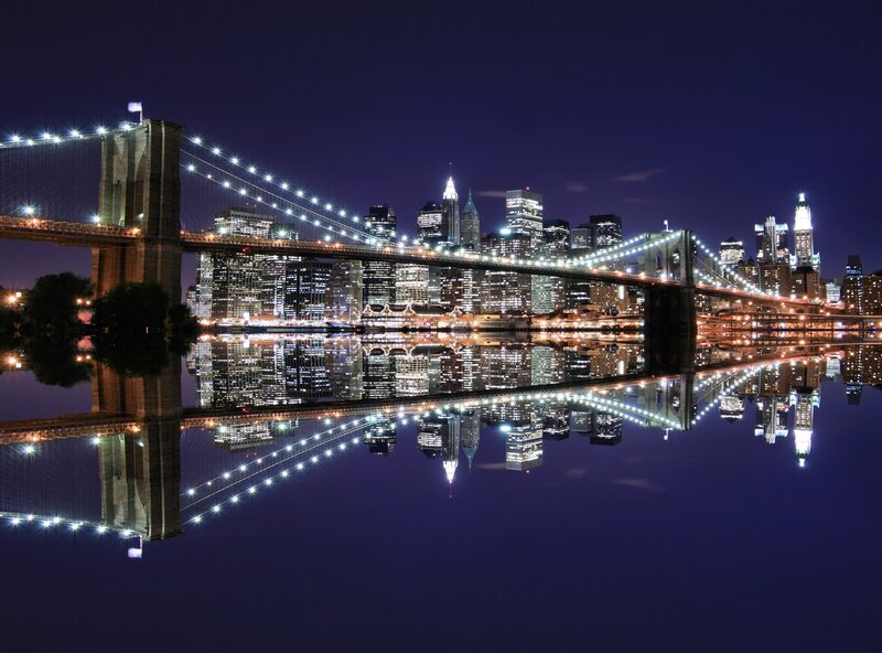 Brooklyn Bridge at Night — Blue, Serene, Photograph, City Skyline, River, Buildings, Black, White