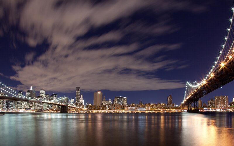 Brooklyn Bridge at Night — Dramatic, Clouds