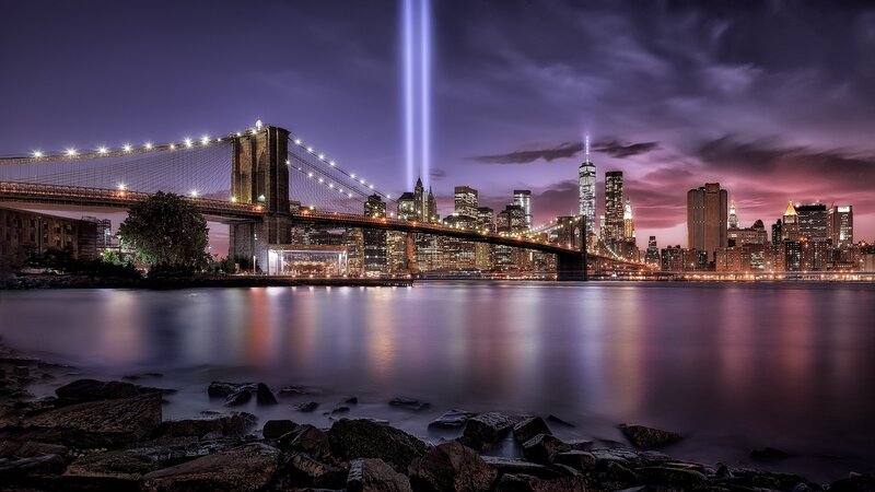 Brooklyn Bridge at Night — Purple, Dramatic, Photograph, City Skyline, Light Beams