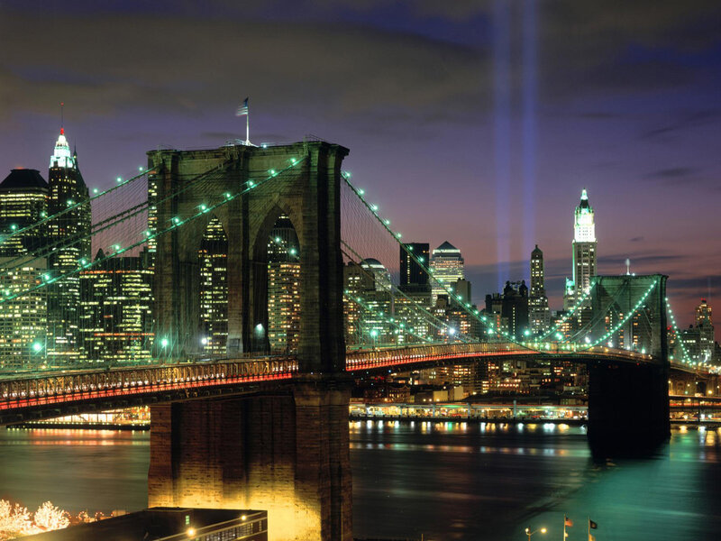 Brooklyn Bridge at Night — Purple, Dramatic, Photograph, City Skyline, Lights