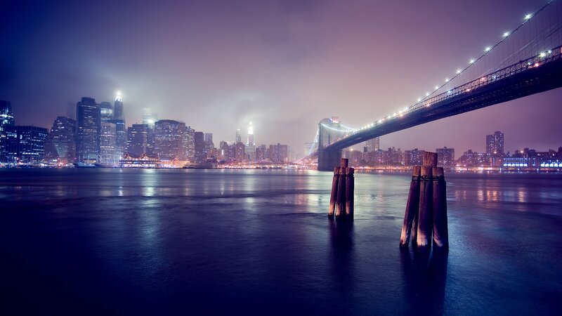 Brooklyn Bridge at Night — Purple, Dramatic, Photograph, City Skyline, River, Pilings