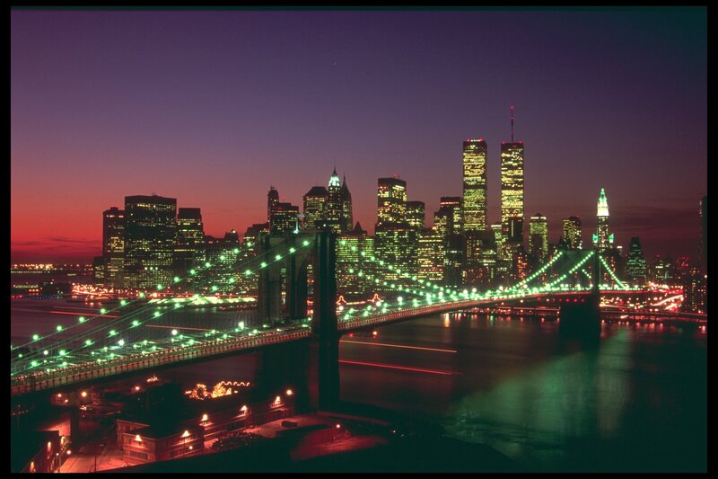 Brooklyn Bridge at Night — Purple, Dramatic, Photograph, Skyscraper, Cityscape