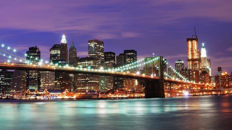 Brooklyn Bridge at Night — Purple, Dramatic, Photograph, Skyscraper, River, Cityscape, Blue, Yellow