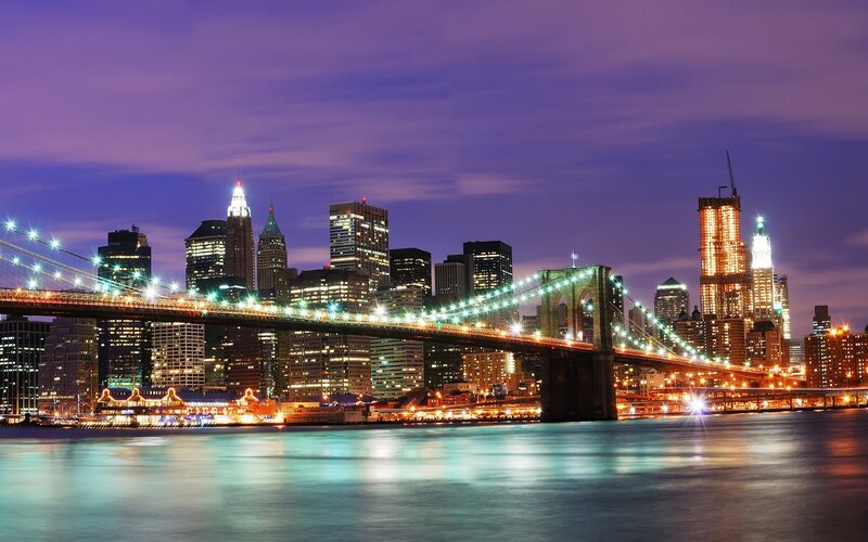 Brooklyn Bridge at Night — Purple, Dramatic, Photograph, Skyscraper, River, Cityscape