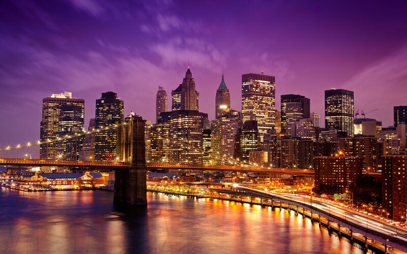 Brooklyn Bridge at Night — Purple, Dramatic, Photograph, Skyscraper, River