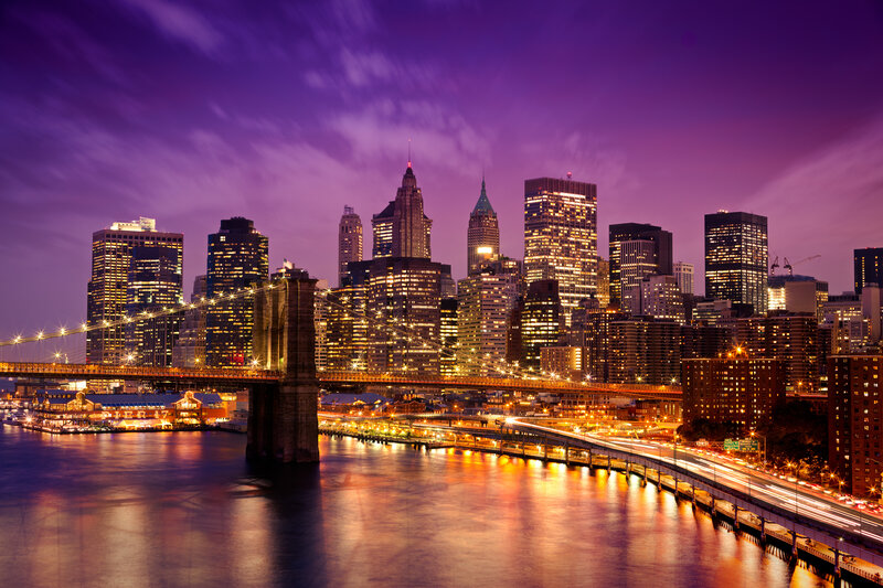 Brooklyn Bridge at Night — Purple, Dramatic, Photograph, Skyscraper