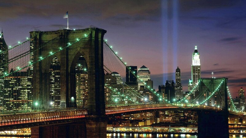 Brooklyn Bridge at Night — Purple, Dramatic, Photograph