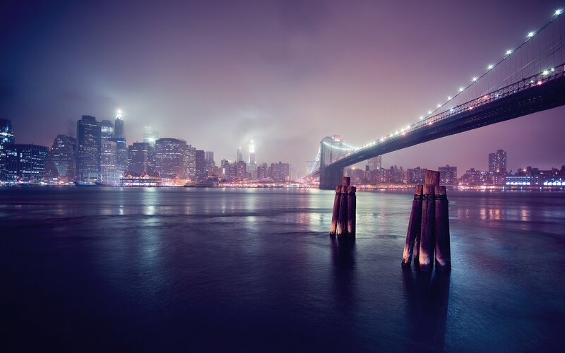 Brooklyn Bridge at Night — Purple, Serene, Photograph