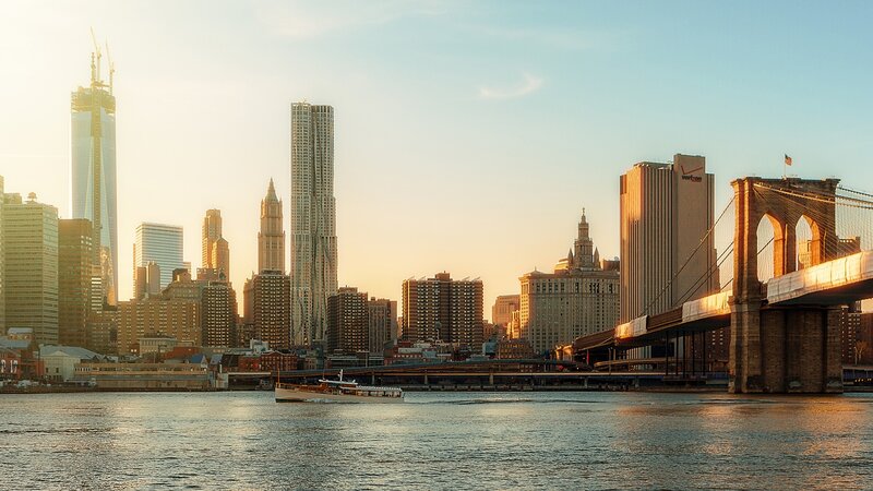 Brooklyn Bridge at Sunset — Blue, Serene, Photograph, Skyscraper