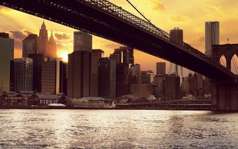 Brooklyn Bridge at Sunset — Gold, Dramatic, Photograph