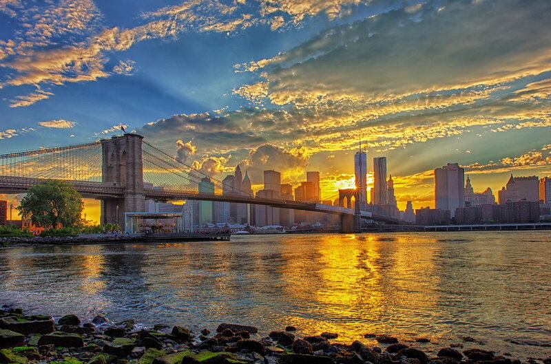 Brooklyn Bridge at Sunset — Gold, Dramatic