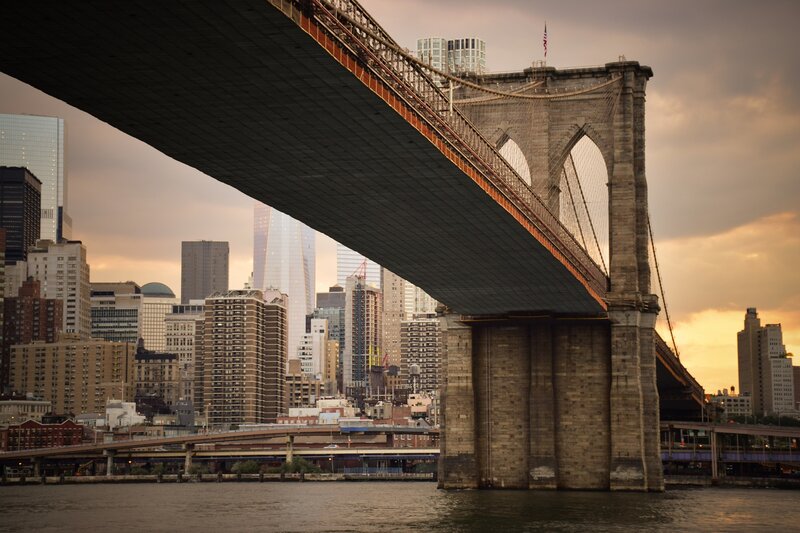 Brooklyn Bridge at Sunset — Gray, Dramatic, Photograph, City Skyline, River