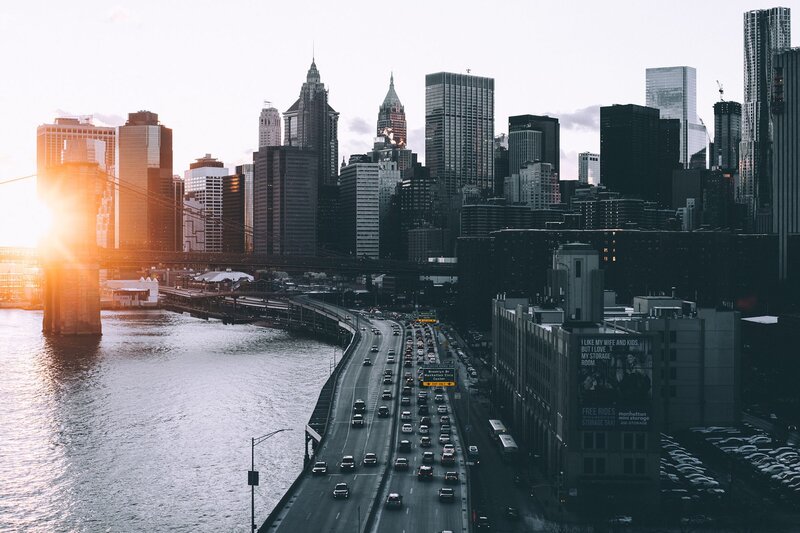 Brooklyn Bridge at Sunset — Gray, Dramatic, Photograph, City Skyline, Traffic