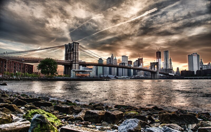 Brooklyn Bridge at Sunset — Gray, Dramatic, Photograph