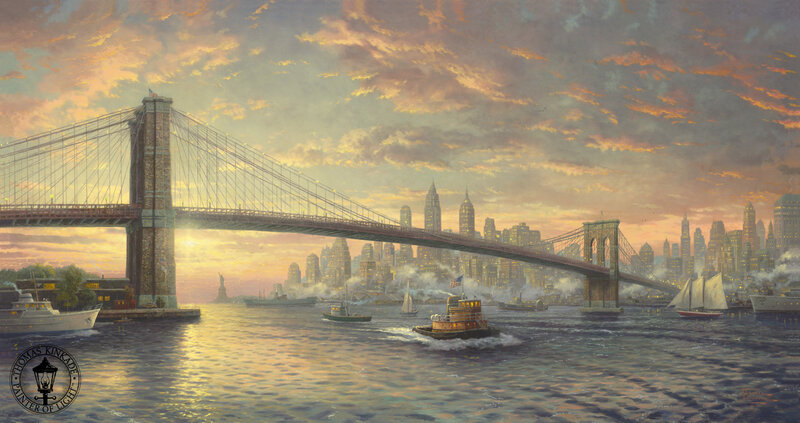 Brooklyn Bridge at Sunset — Orange, Dramatic, Painting