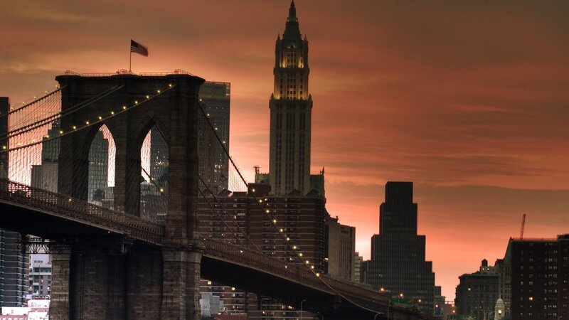 Brooklyn Bridge at Sunset — Orange, Dramatic, Photograph, American Flag
