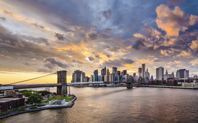 Brooklyn Bridge at Sunset — Orange, Dramatic, Photograph, City Skyline, River, Clouds