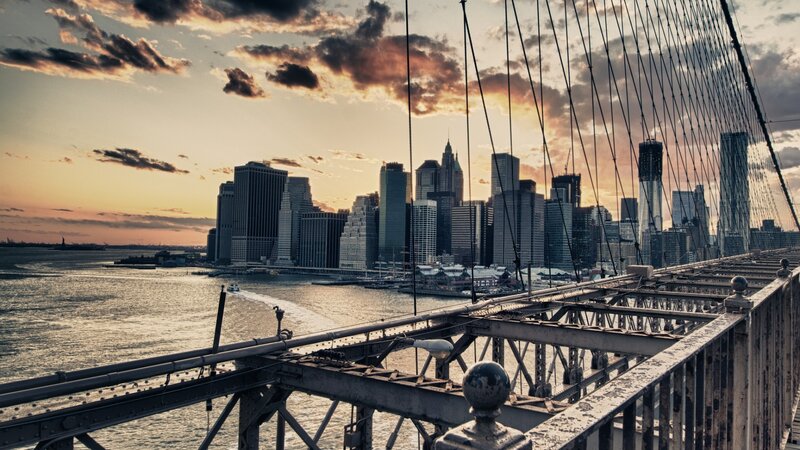 Brooklyn Bridge at Sunset — Orange, Dramatic, Photograph, City Skyline, River, Skyscrapers, Cable-stayed Bridge