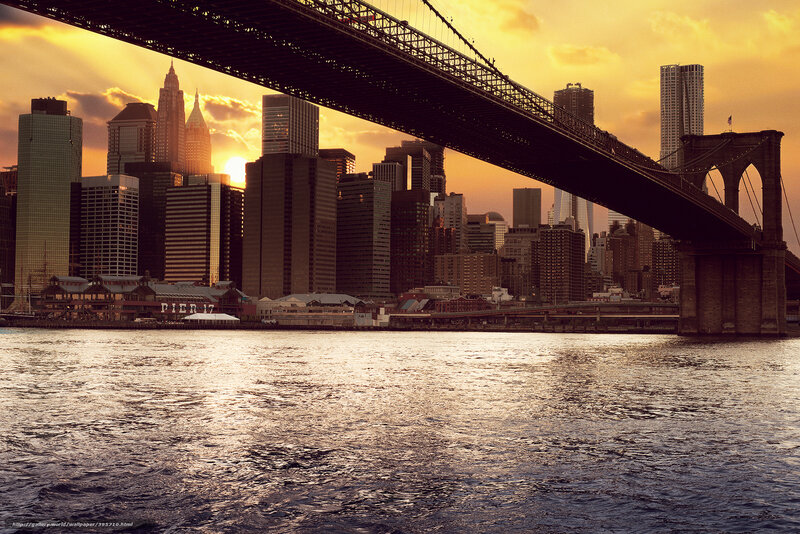 Brooklyn Bridge at Sunset — Orange, Dramatic, Photograph, City Skyline, River
