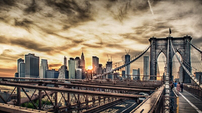 Brooklyn Bridge at Sunset — Orange, Dramatic, Photograph, City Skyline, Skyscrapers