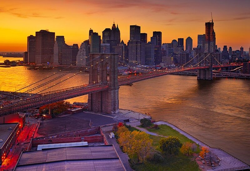 Brooklyn Bridge at Sunset — Orange, Dramatic, Photograph, City Skyline