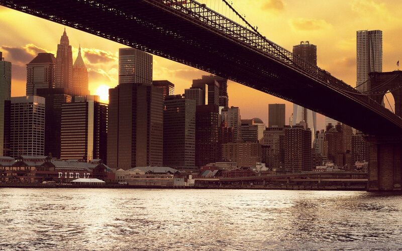 Brooklyn Bridge at Sunset — Orange, Dramatic, Photograph, Skyscraper, River, Cityscape