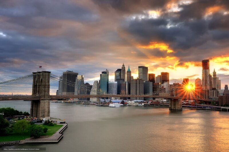 Brooklyn Bridge at Sunset — Orange, Dramatic, Photograph, Skyscraper, River, Sun