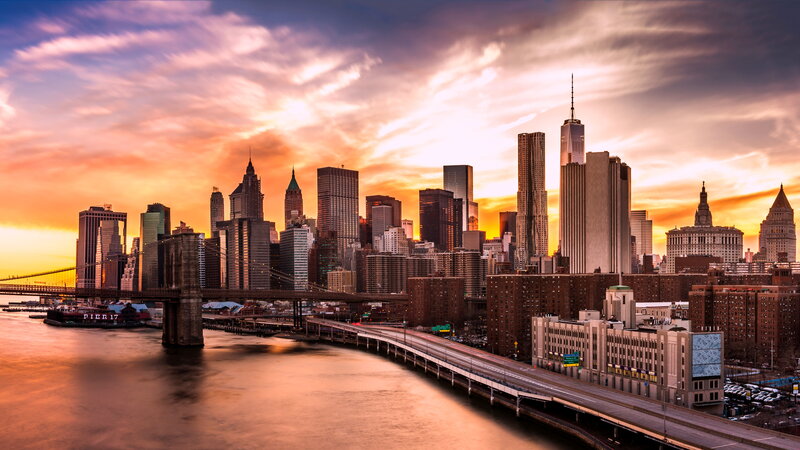 Brooklyn Bridge at Sunset — Orange, Dramatic, Photograph, Skyscraper, River