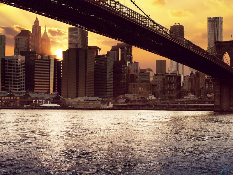 Brooklyn Bridge at Sunset — Orange, Dramatic, Photograph, Skyscraper
