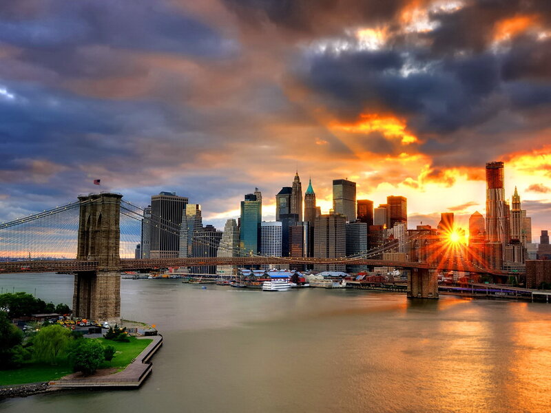Brooklyn Bridge at Sunset — Orange, Dramatic, Photograph