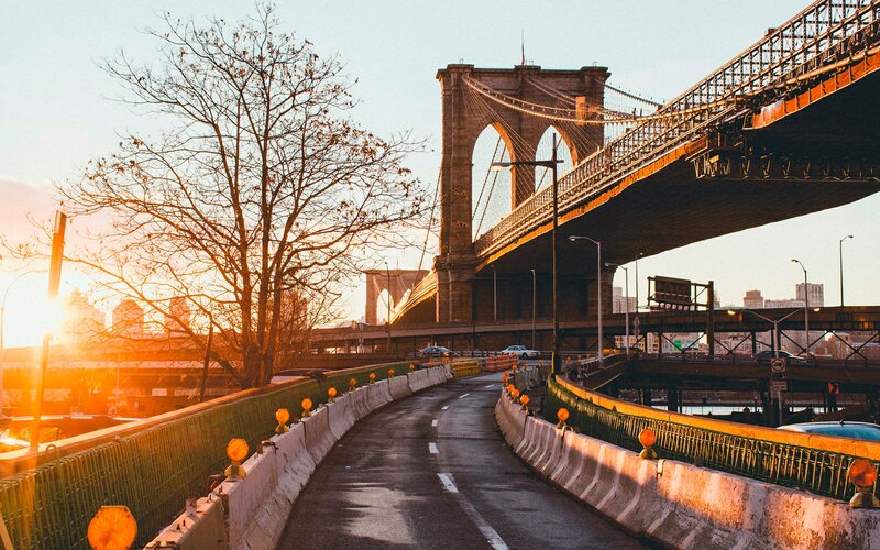 Brooklyn Bridge at Sunset — Orange, Dramatic, Photograph, Tree