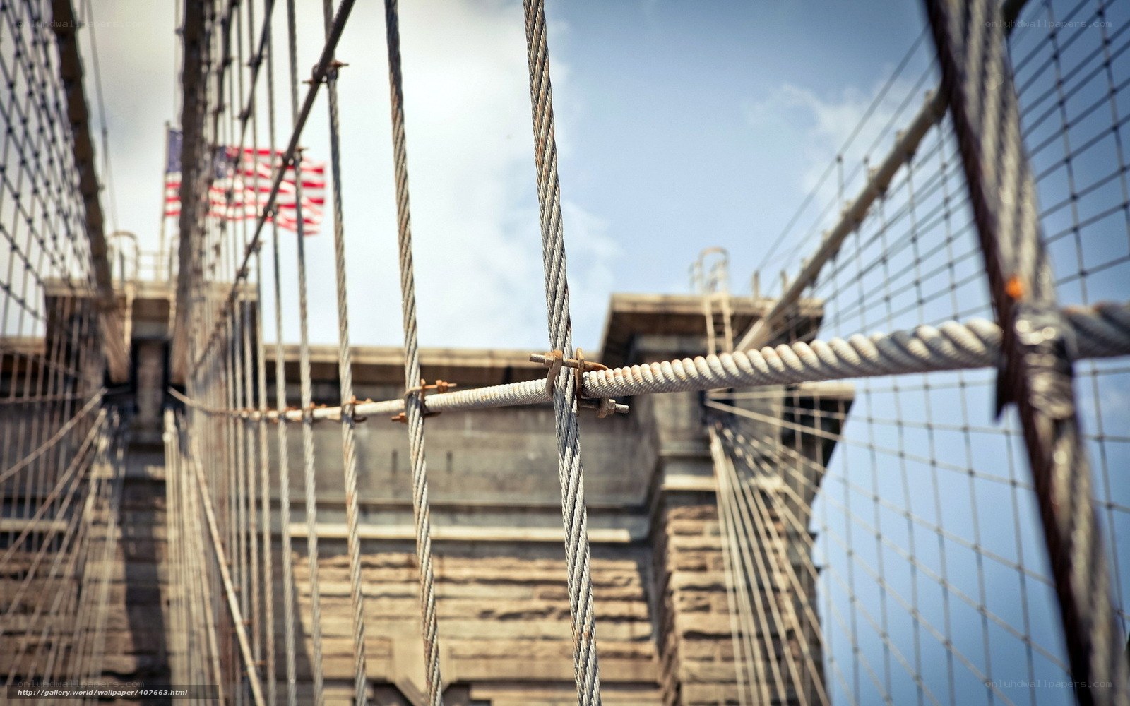 Brooklyn Bridge cables and flag
