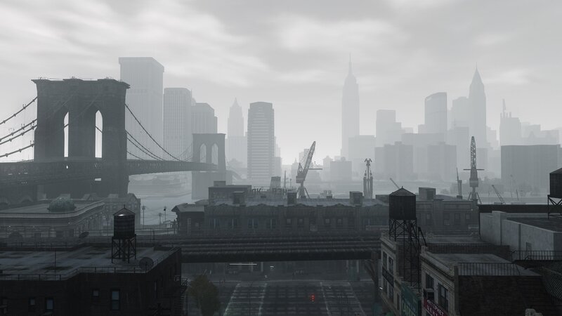 Brooklyn Bridge in foggy city