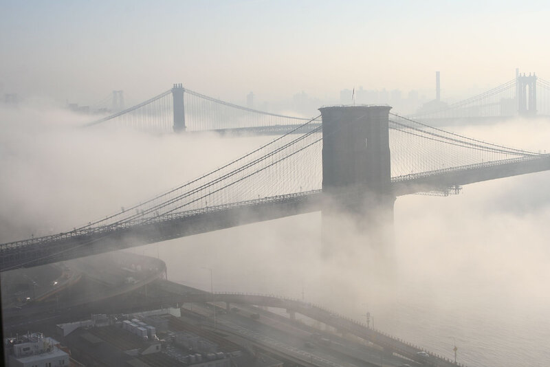 Brooklyn Bridge in morning fog
