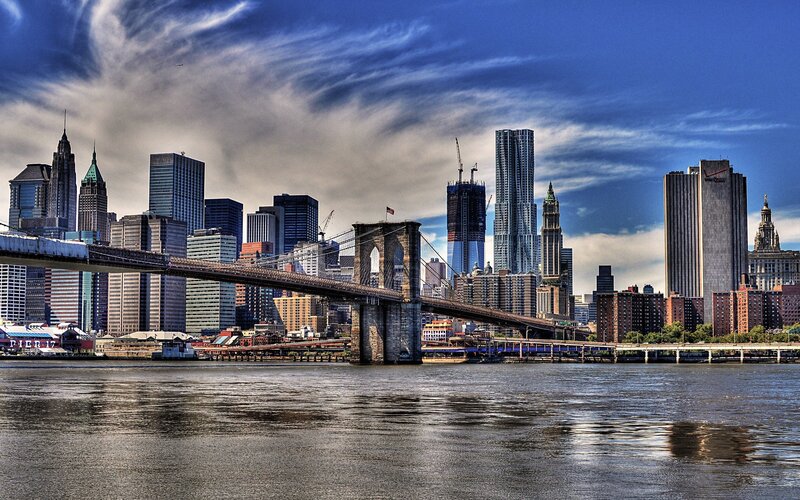 Brooklyn Bridge Skyline — Blue, Dramatic, Afternoon, Photograph, Skyscrapers