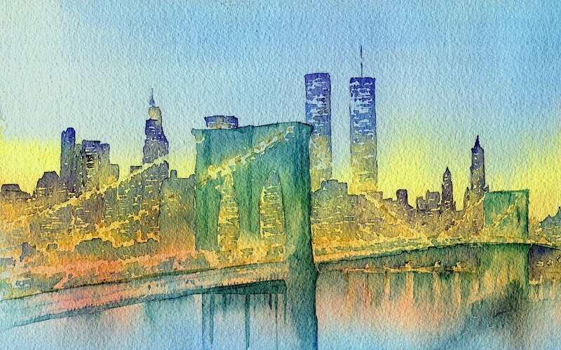 Brooklyn Bridge Skyline — Blue, Serene, Sunset