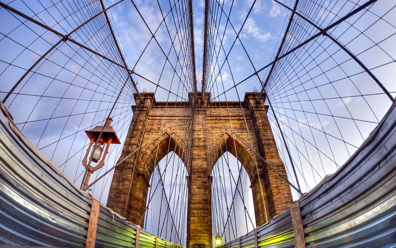Brooklyn Bridge Towers — Blue, Dramatic, Afternoon, Photograph, Stone Arches