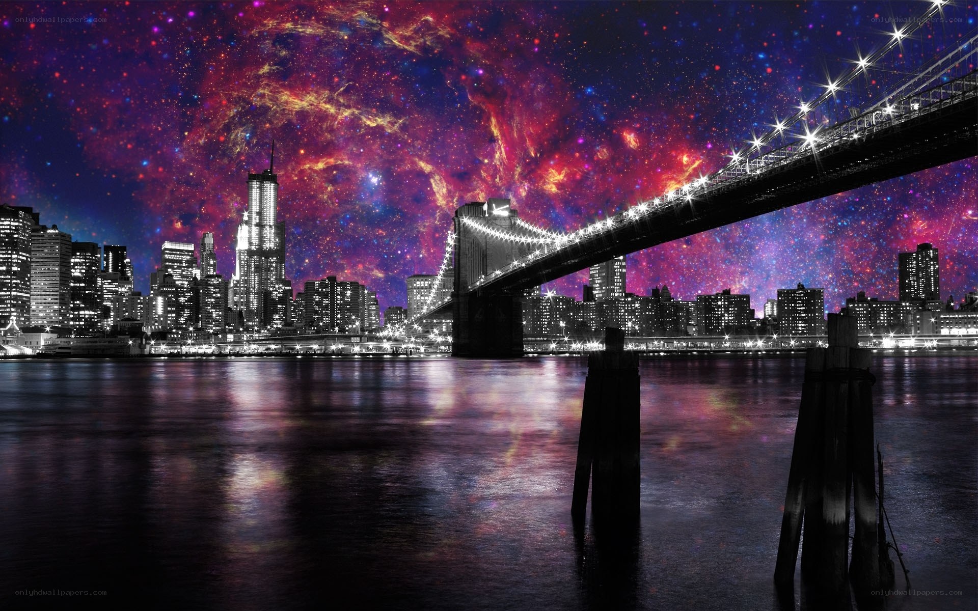 Brooklyn Bridge under a starry sky