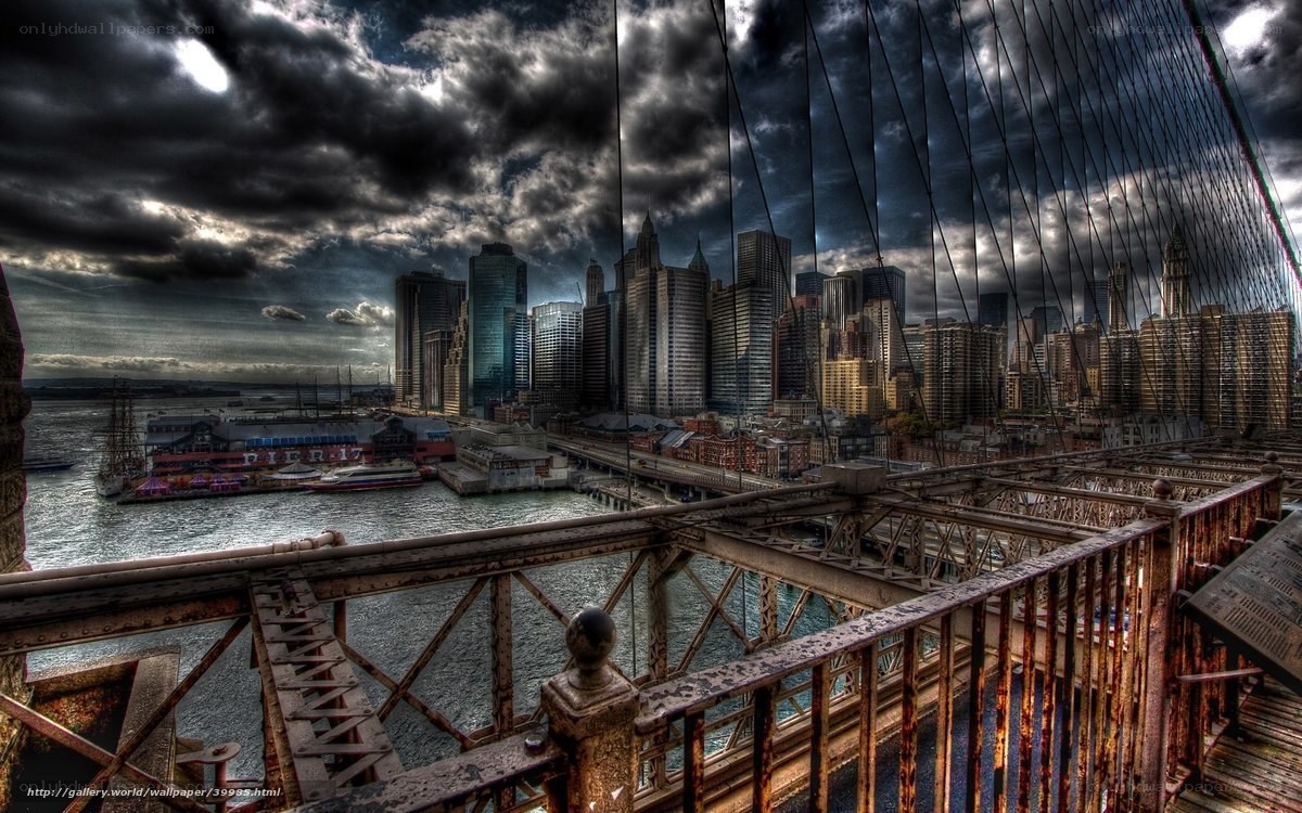 Brooklyn Bridge under stormy sky