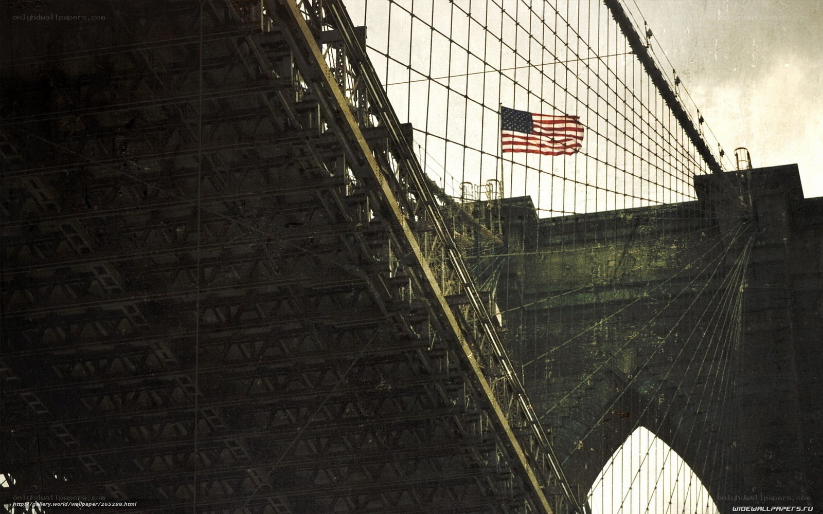 Brooklyn Bridge with American flag