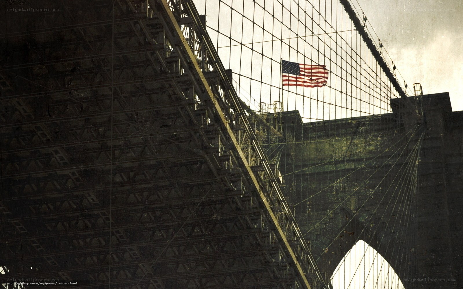Brooklyn Bridge with American flag