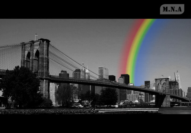 Brooklyn Bridge with rainbow