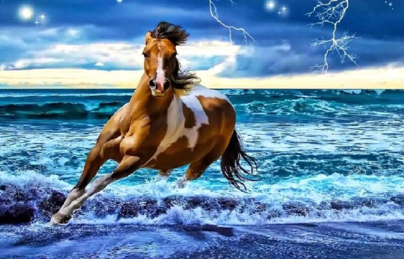 Brown and White Horse — Blue, Dramatic, Night, Digital Art, Ocean, Lightning