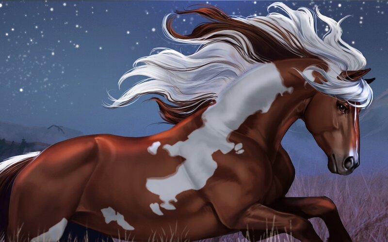 Brown and White Horse — Dramatic, Night, Digital Art