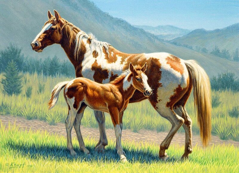 Brown and White Horse — Green, Serene, Afternoon, Painting